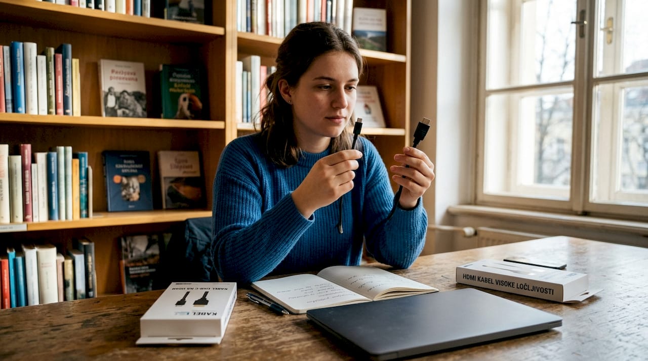 Doma si ženska ogleduje in primerja kable USB-C ter HDMI, da bi ugotovila, kateri ji bolj ustreza za njene naprave.