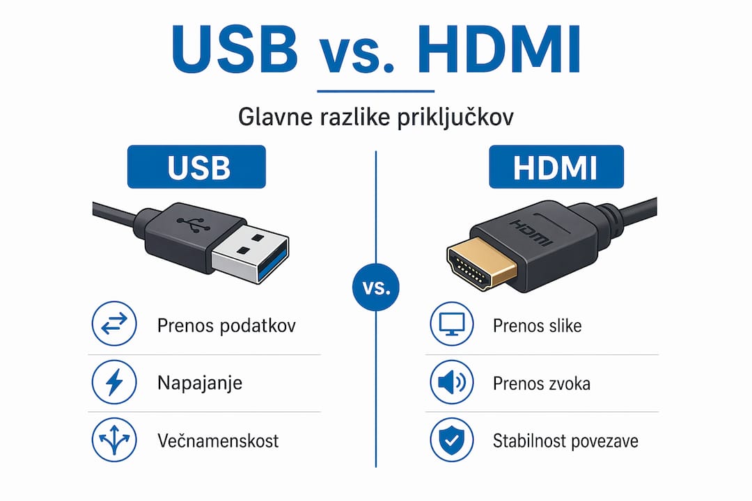 V infografiki so predstavljene glavne razlike med USB in HDMI priključki.