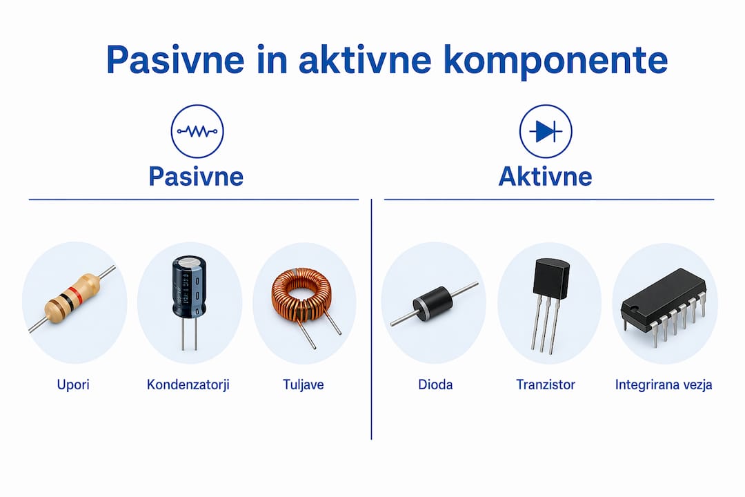 Pregledna infografika: ključne razlike med pasivnimi in aktivnimi elektronskimi komponentami