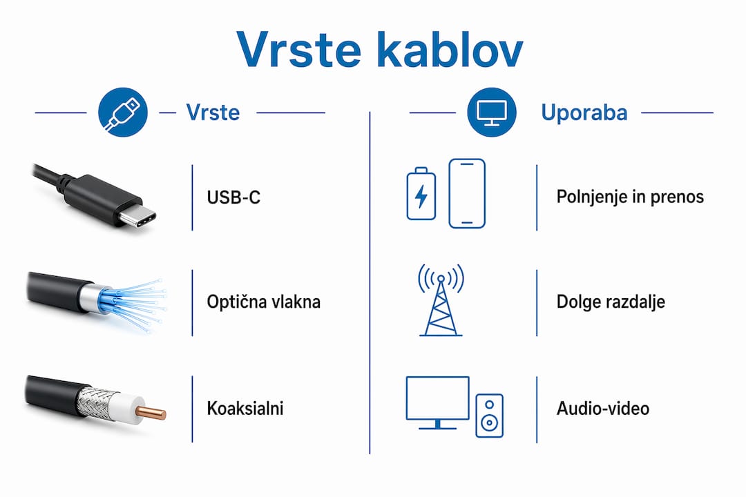 Pregled različnih vrst kablov in njihove namembnosti v infografiki