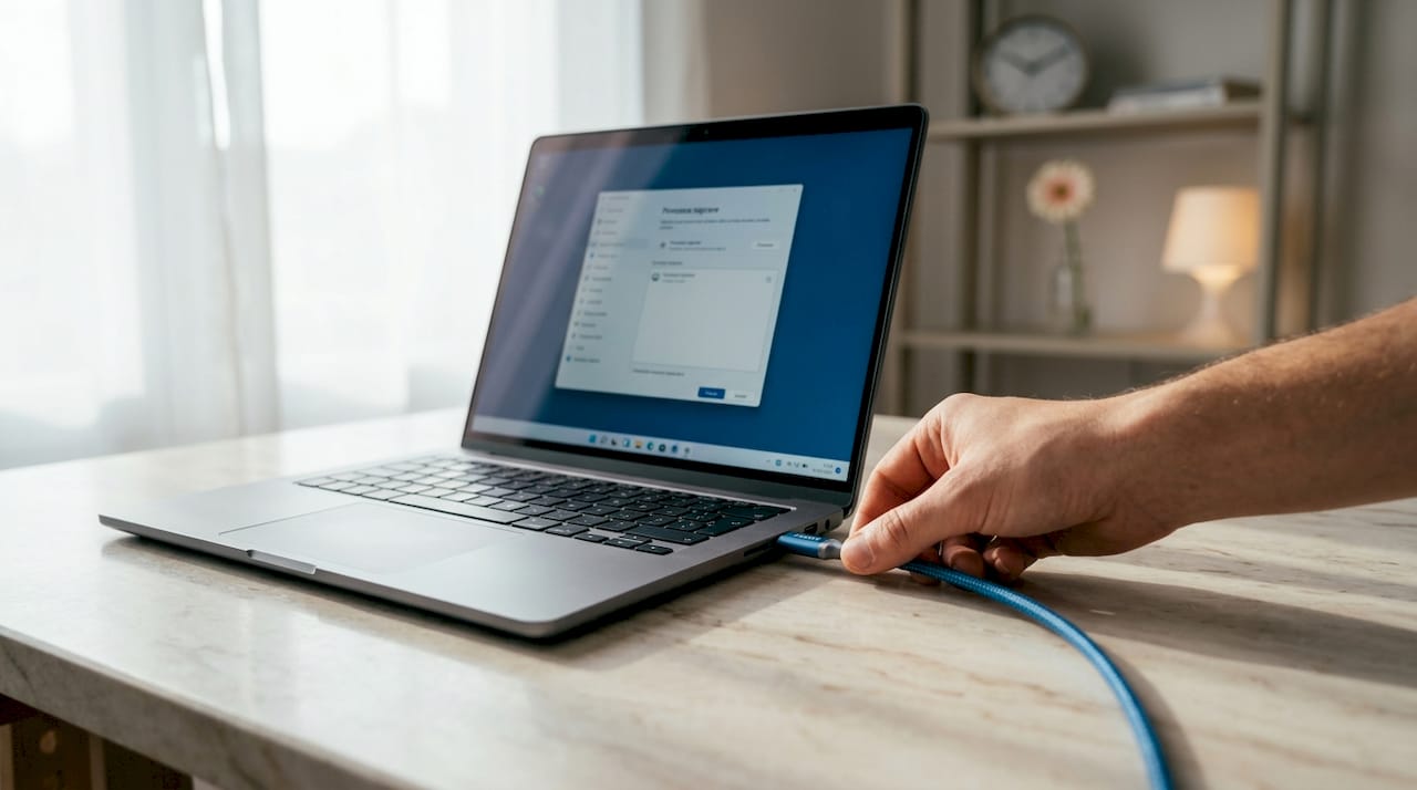 Roka priključuje USB-C kabel v prenosni računalnik.