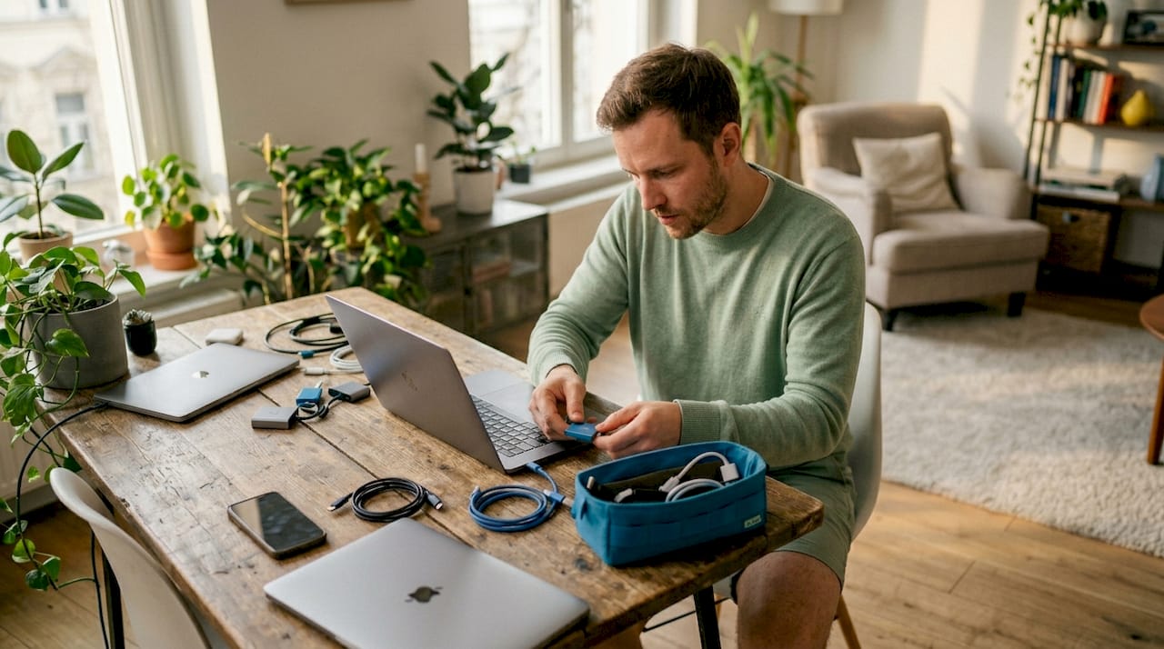 Serviser v domači pisarni priklaplja USB-C adapter k računalniku.