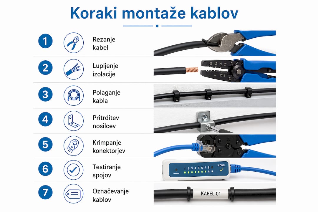 Na infografiki so nazorno prikazani najpomembnejši koraki pri nameščanju kablov.