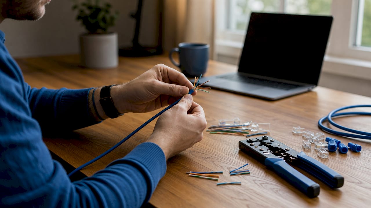 Podroben pogled na roke pri izdelavi ethernet kabla