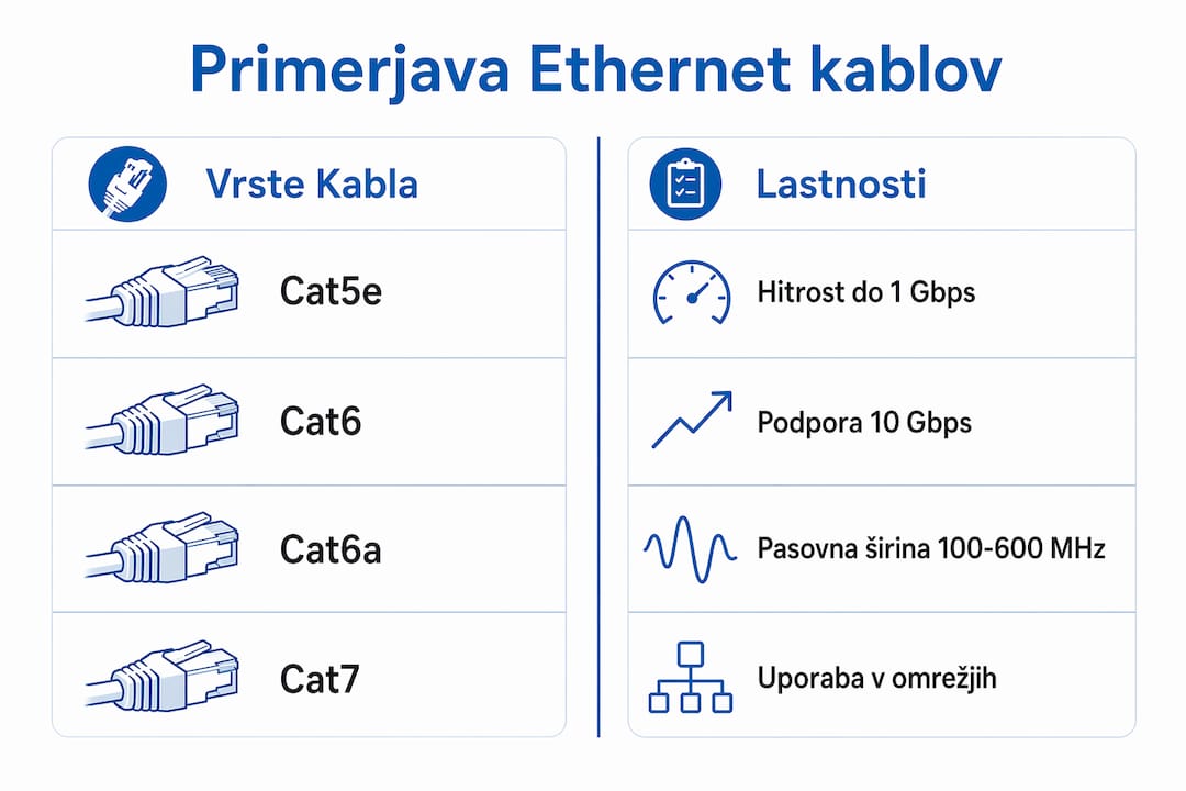 Pregledna infografika, ki prikazuje razlike med posameznimi vrstami ethernet kablov ter njihove ključne značilnosti.