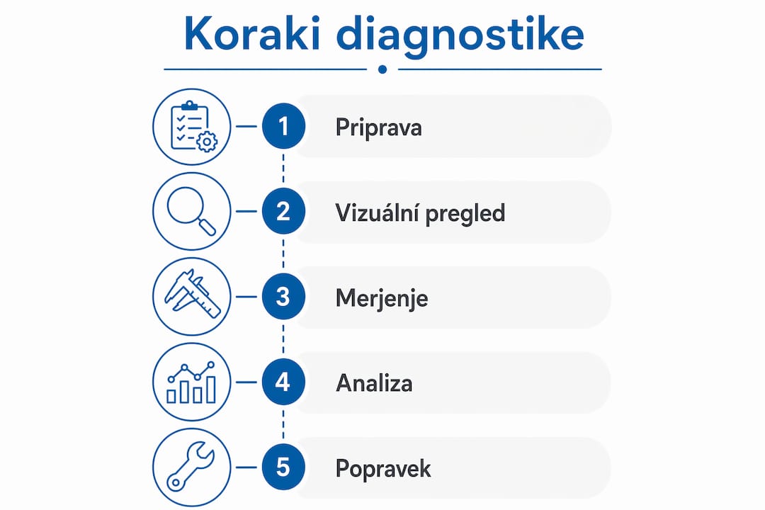 Infografika, ki prikazuje ključne korake pri ugotavljanju napak in popravilu elektronskih naprav