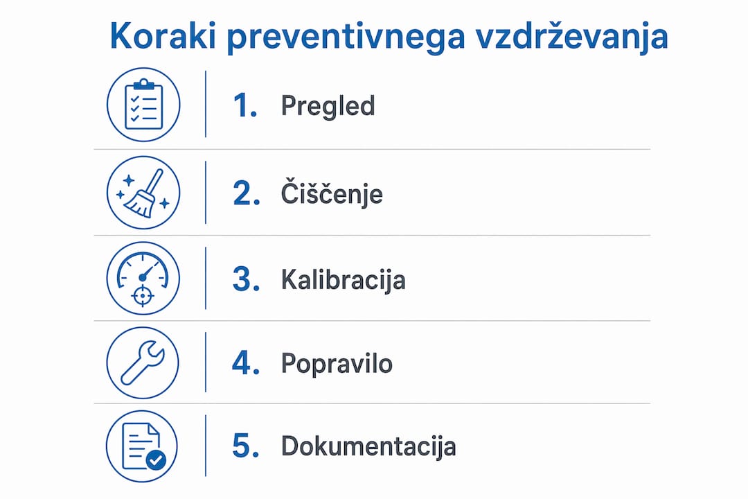 Na infografiki so jasno prikazani ključni koraki za učinkovito preventivno vzdrževanje.