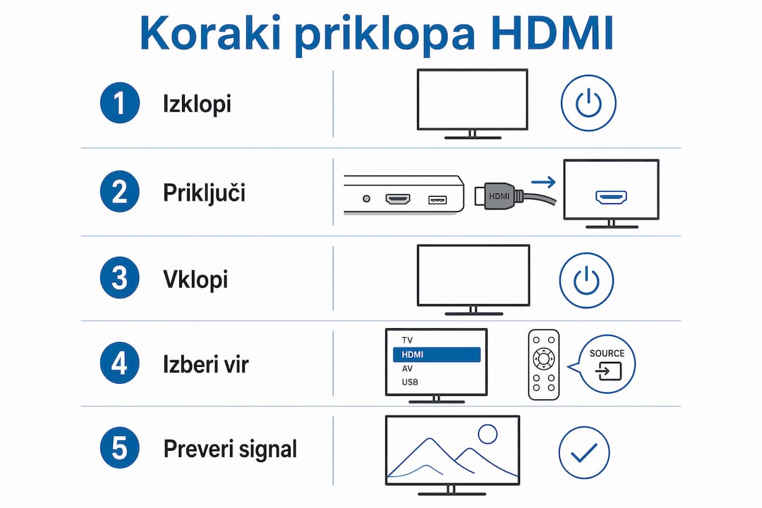 Na infografiki so prikazani vsi ključni koraki za pravilno priključitev HDMI kabla.