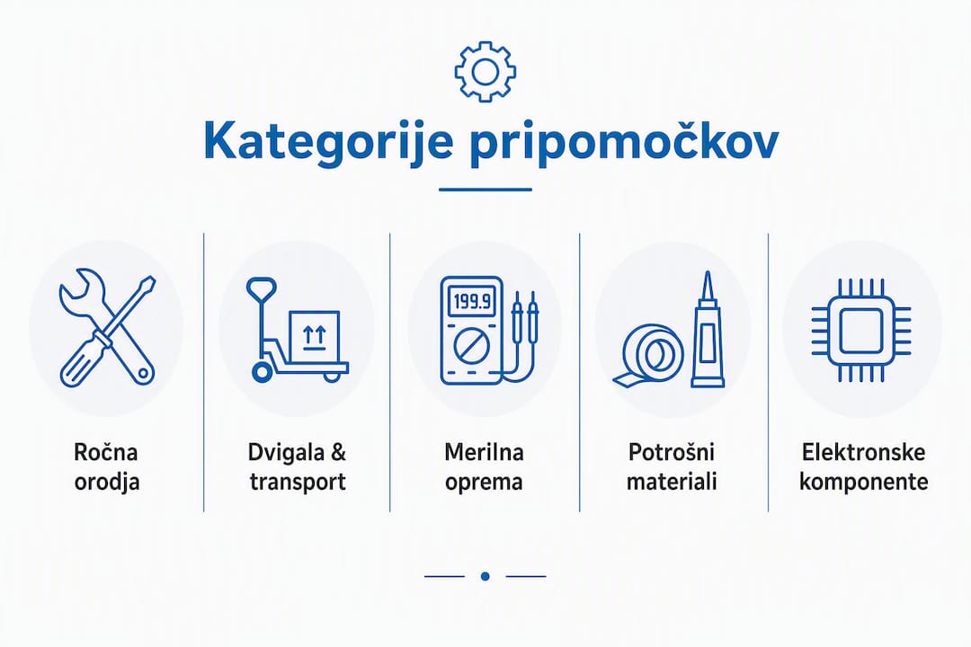 Na infografiki so pregledno predstavljene različne vrste tehničnih pripomočkov.