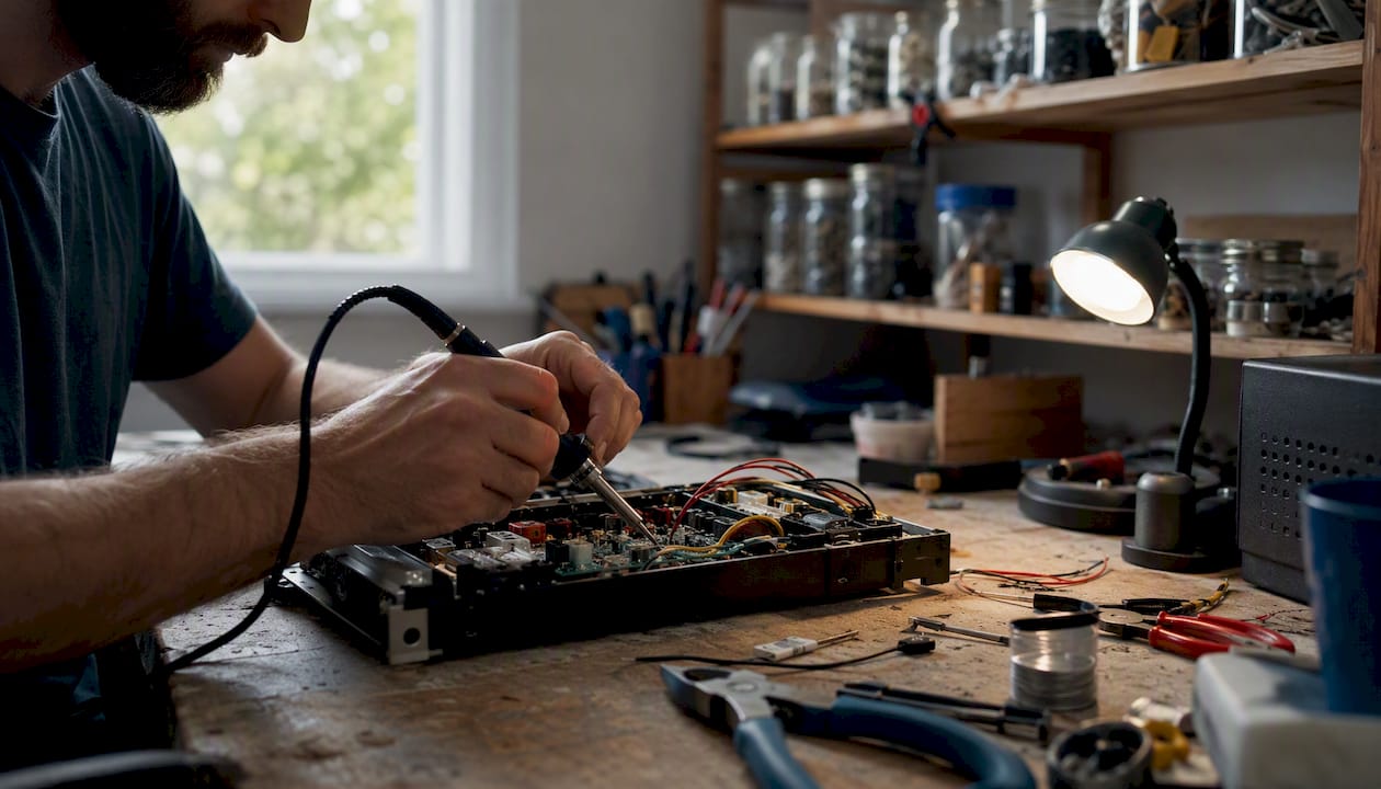 Podroben pogled na roke, ki preizkušajo elektronsko vezje.