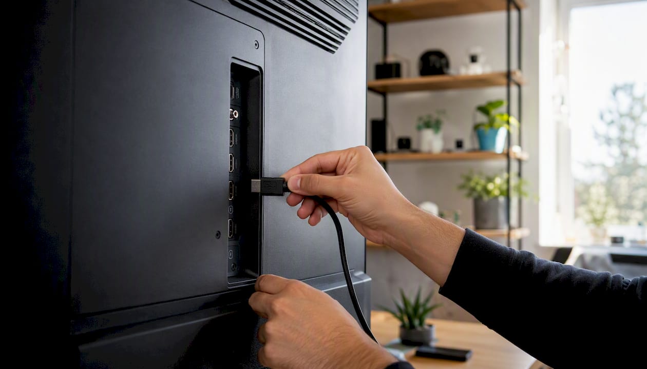 Roke priklapljajo HDMI kabel na televizor.
