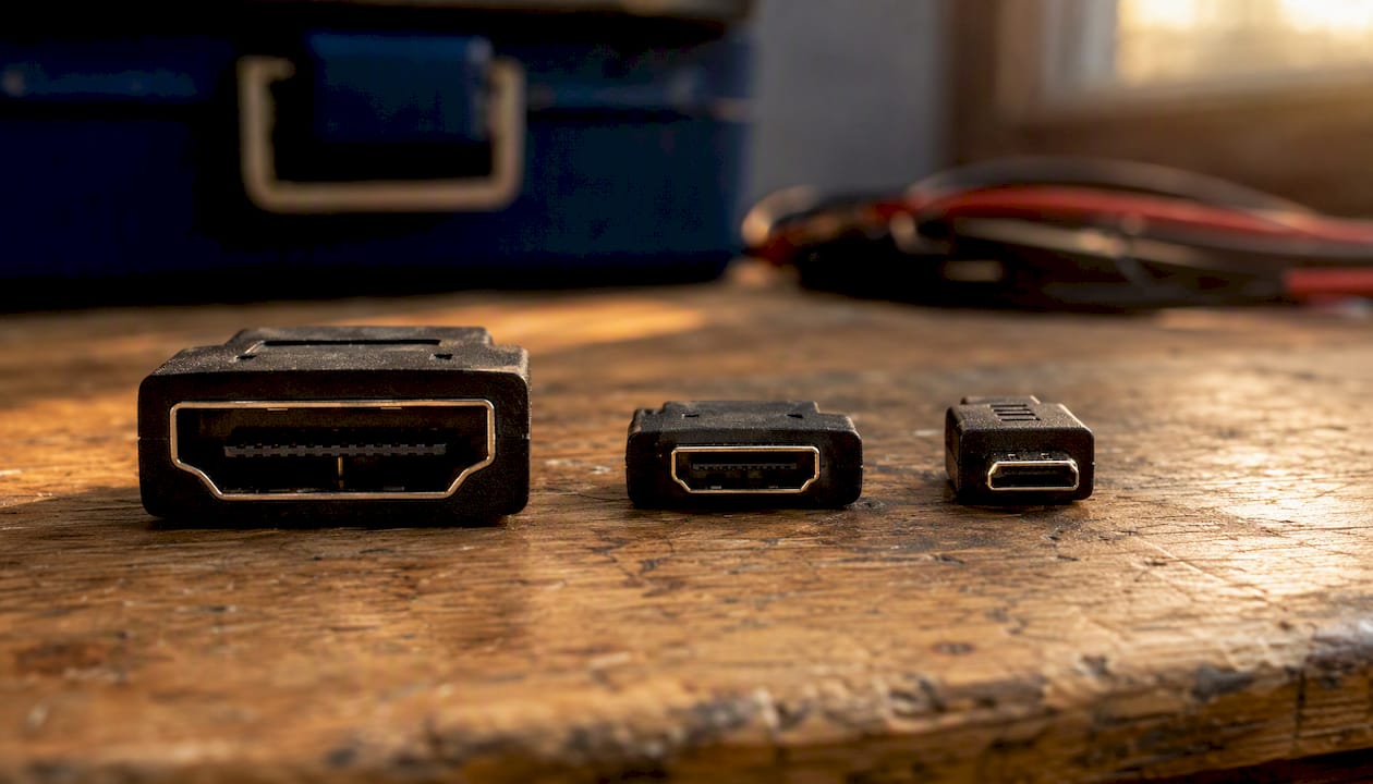 Pogled od blizu na priključke HDMI, mini HDMI in mikro HDMI.