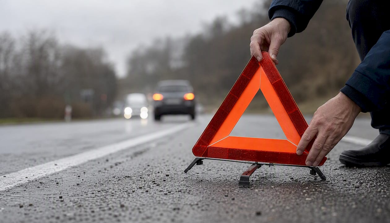 Ob cesti postavljen odsevni varnostni trikotnik