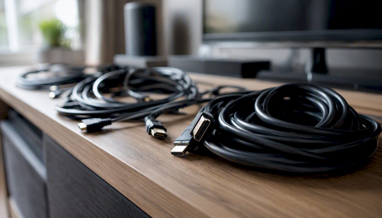 Na polici z medijsko opremo so razporejeni različni HDMI kabli.