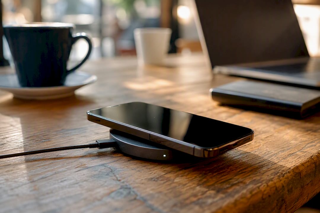 Približen posnetek brezžične polnilne naprave MagSafe s telefonom