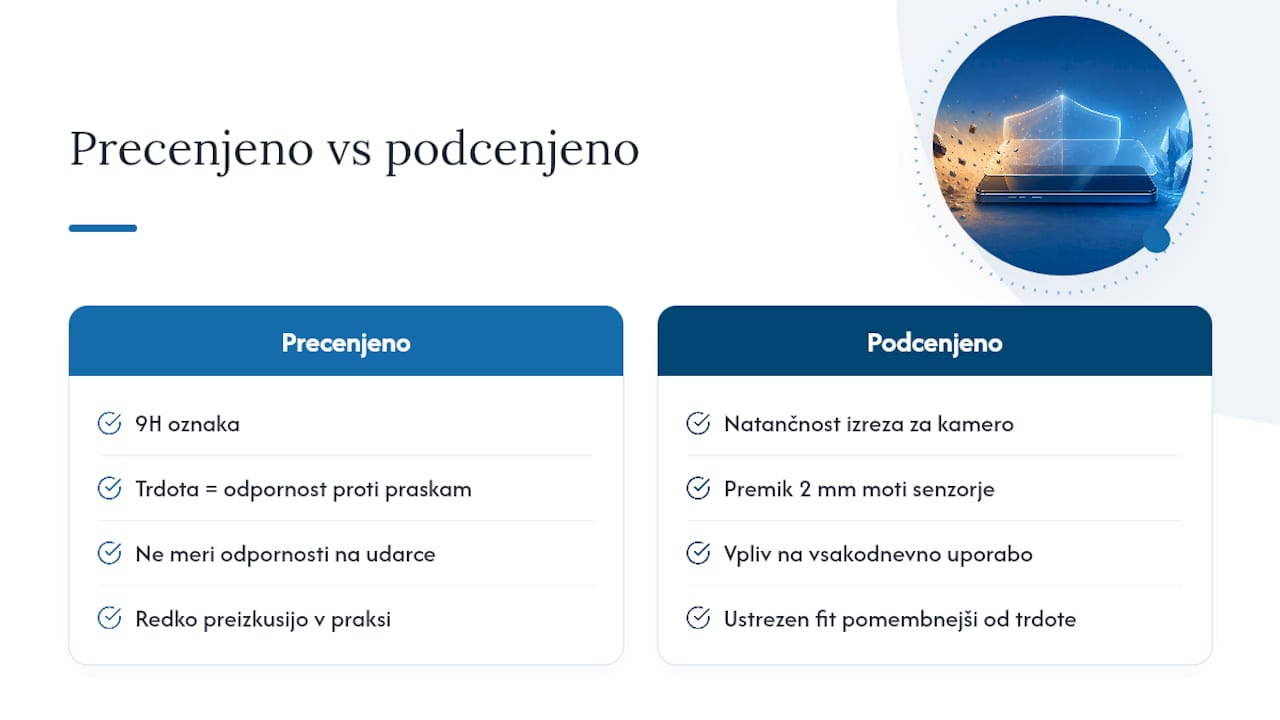 Kaj je pri 9H steklu precenjeno in kaj podcenjeno — overview diagram