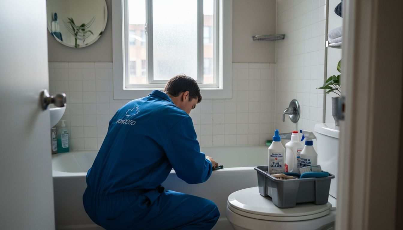 Cleaner scrubbing apartment bathroom tiles