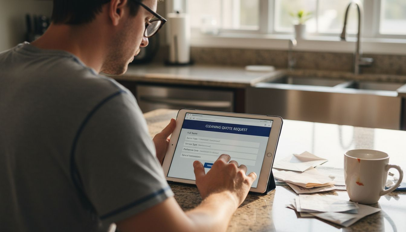 Man completing cleaning estimate form in kitchen
