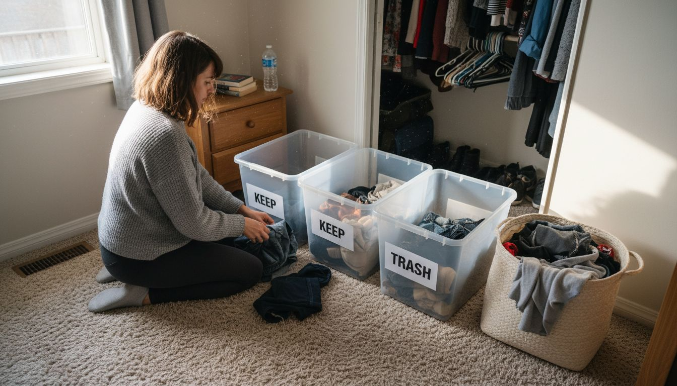 Woman sorting belongings with labeled bins