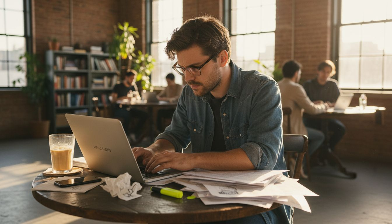 Writer editing content in coworking space