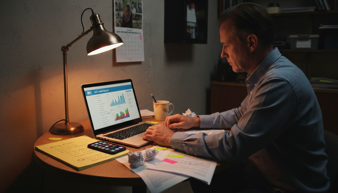 Business owner researching SEO basics at table