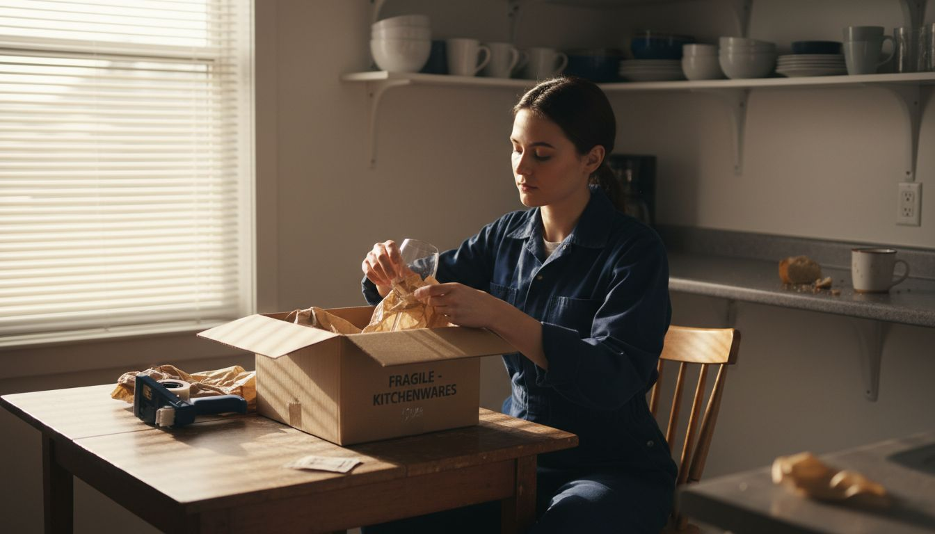 Mover wraps glassware at apartment kitchen table
