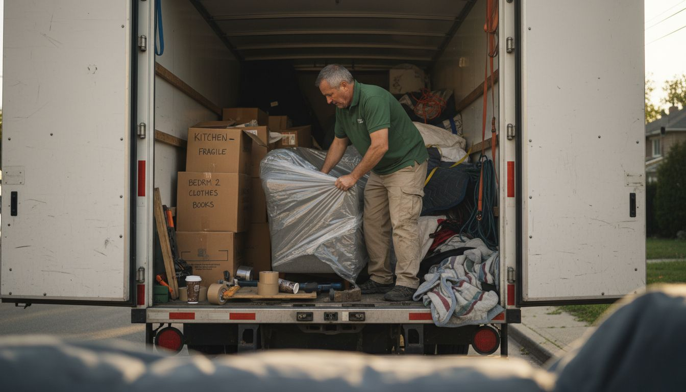 Mover wrapping furniture inside truck