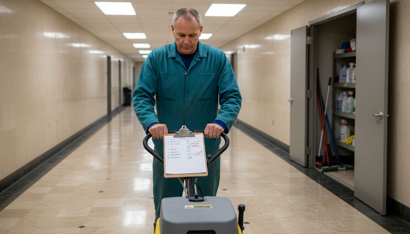 Janitor operates industrial floor scrubber