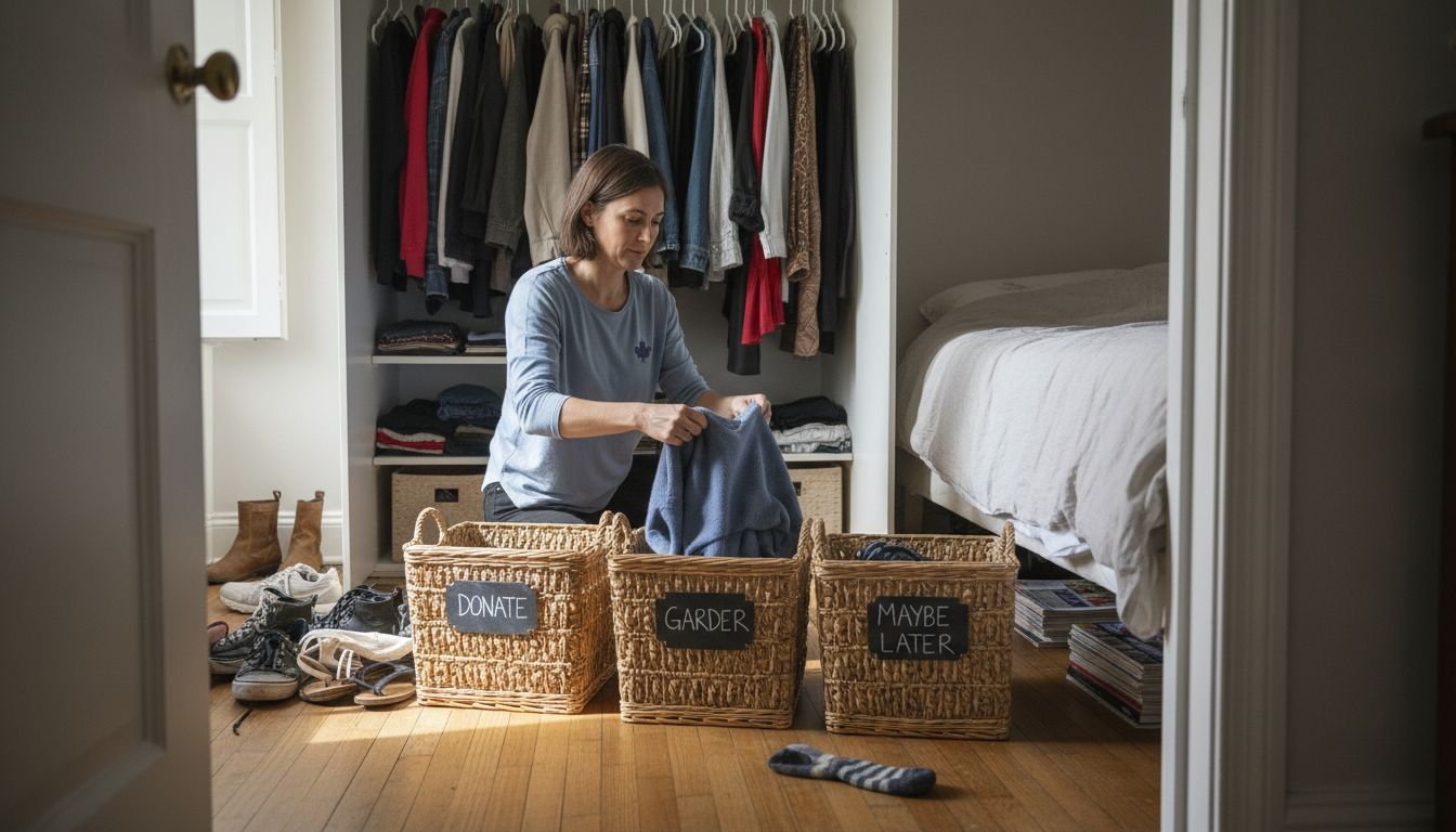 Woman sorting clothes with labeled storage baskets