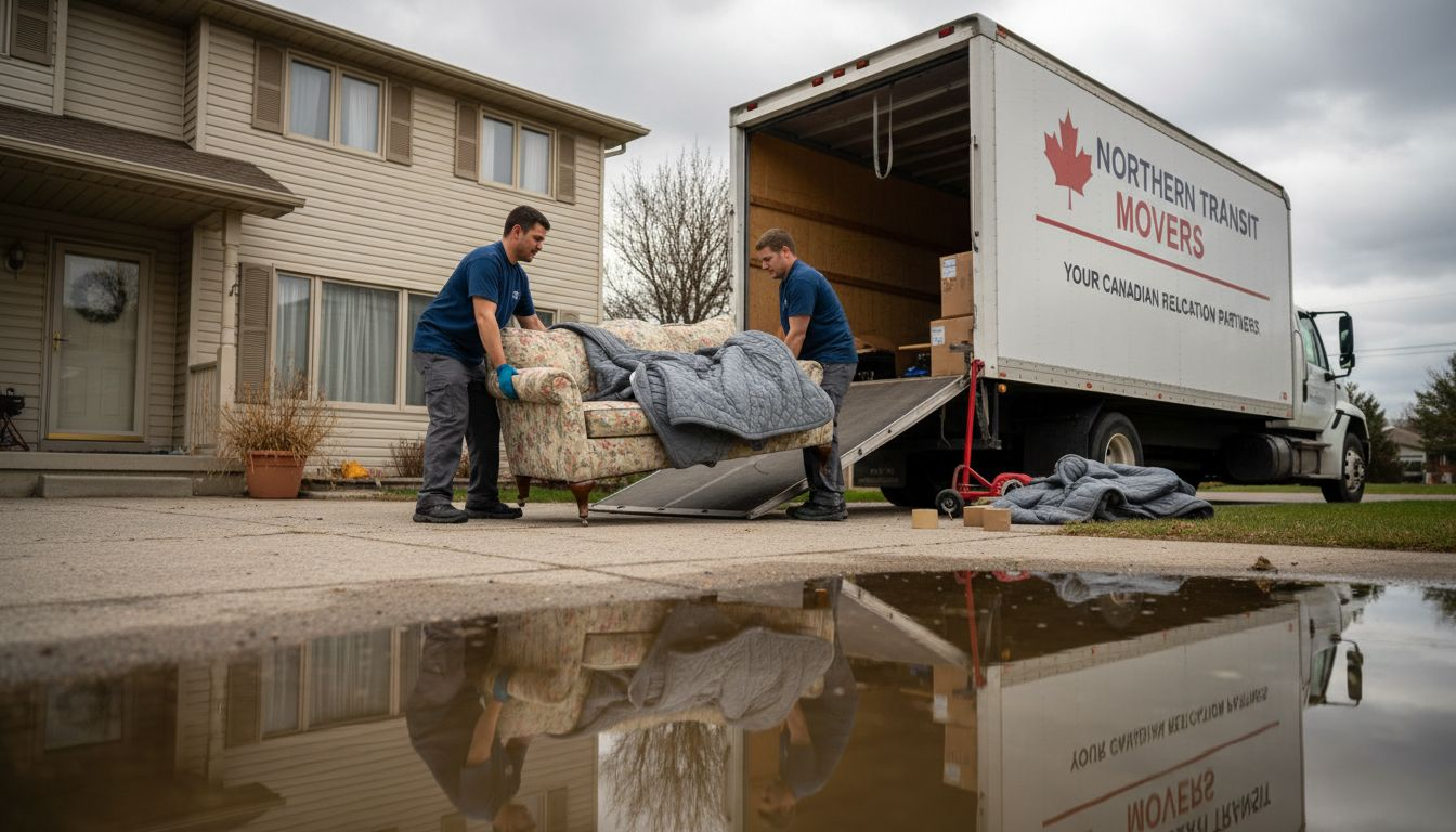 Movers carrying sofa to moving truck