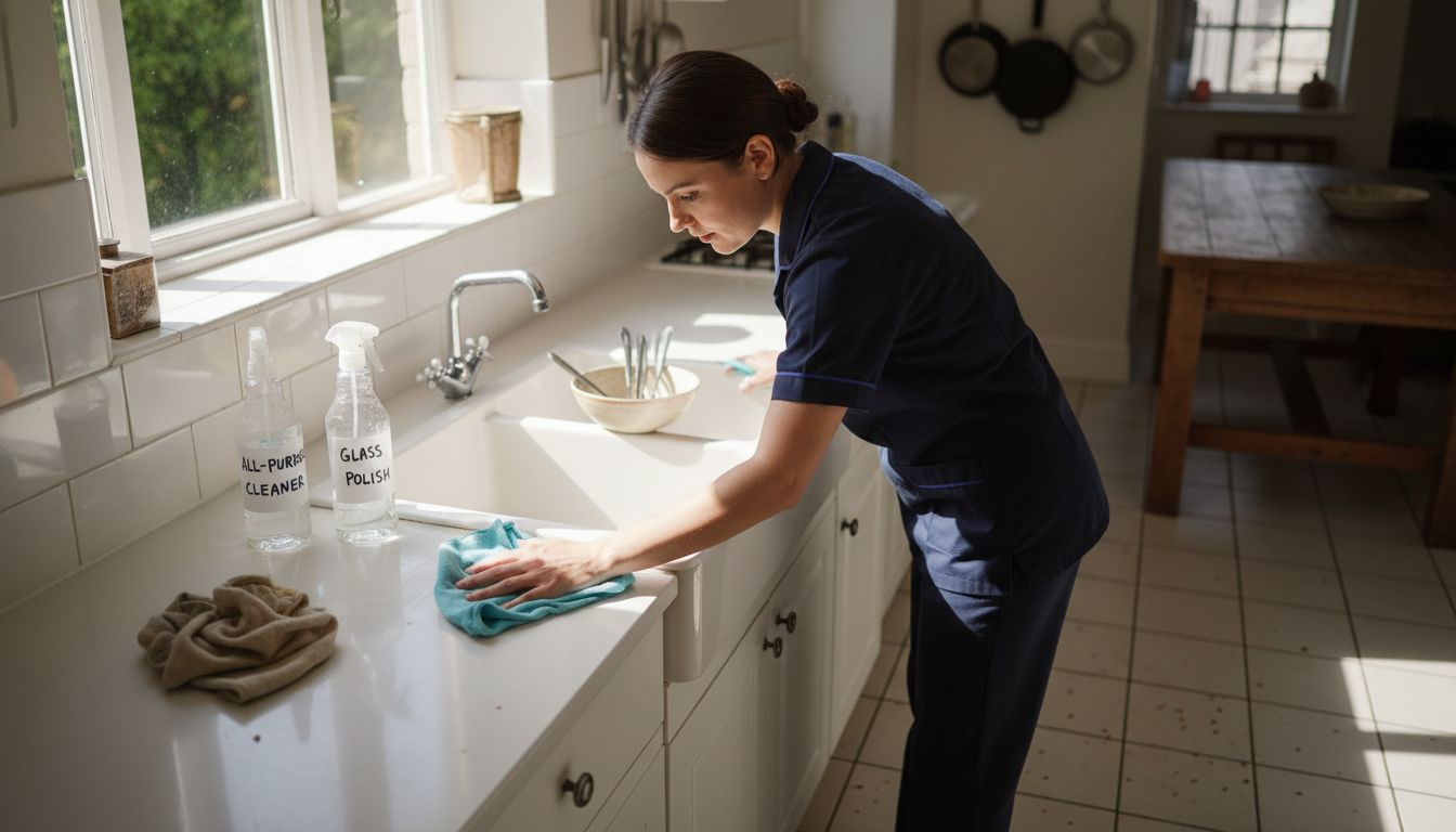Cleaner wiping kitchen counters with supplies