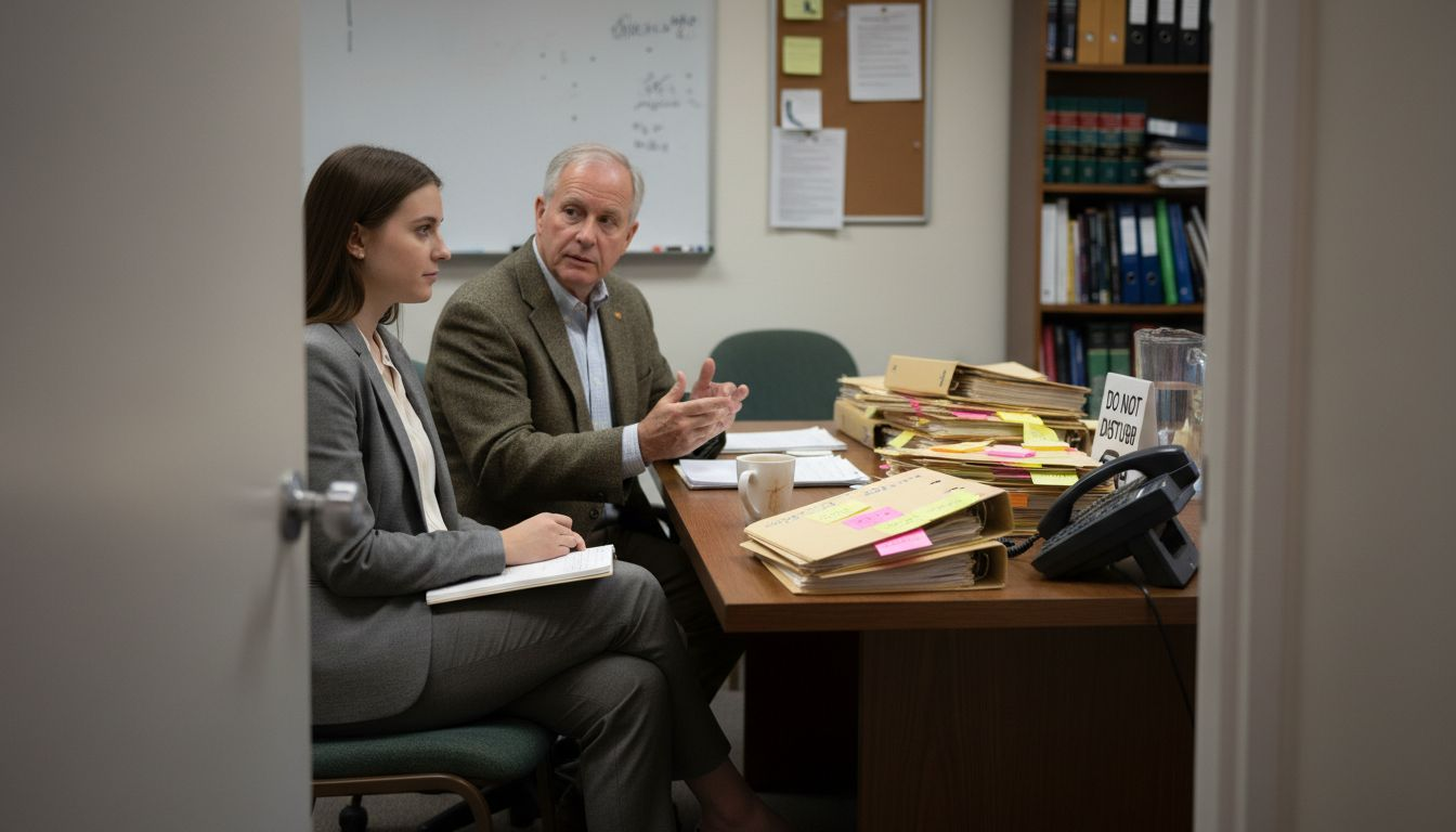 Client and lawyer in small meeting room