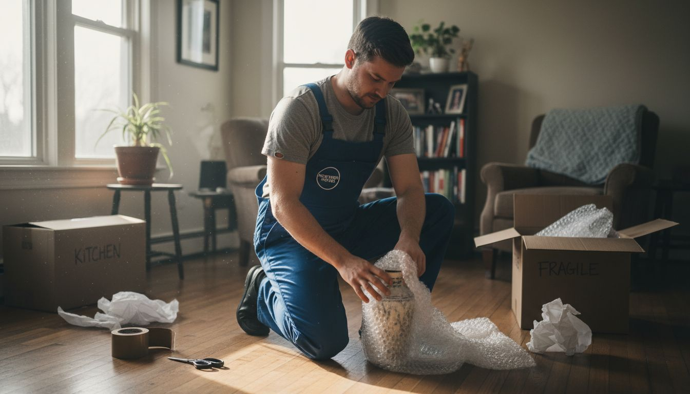 Mover packing fragile items in living room