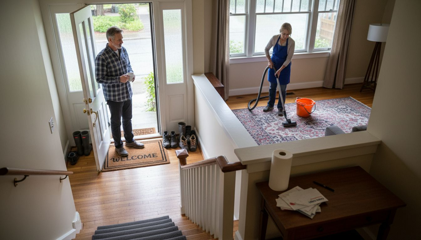 Cleaner vacuuming Vancouver home entry area