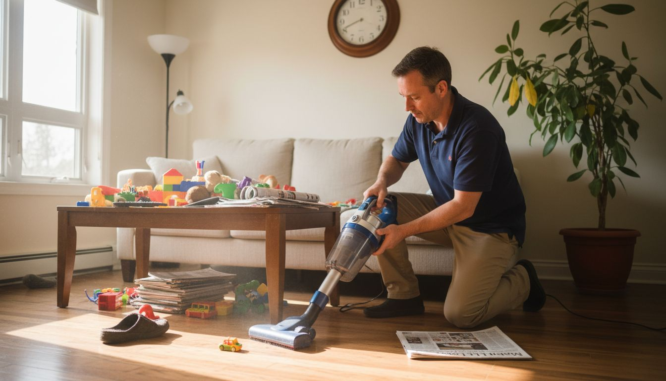 Man vacuuming under couch for deep cleaning