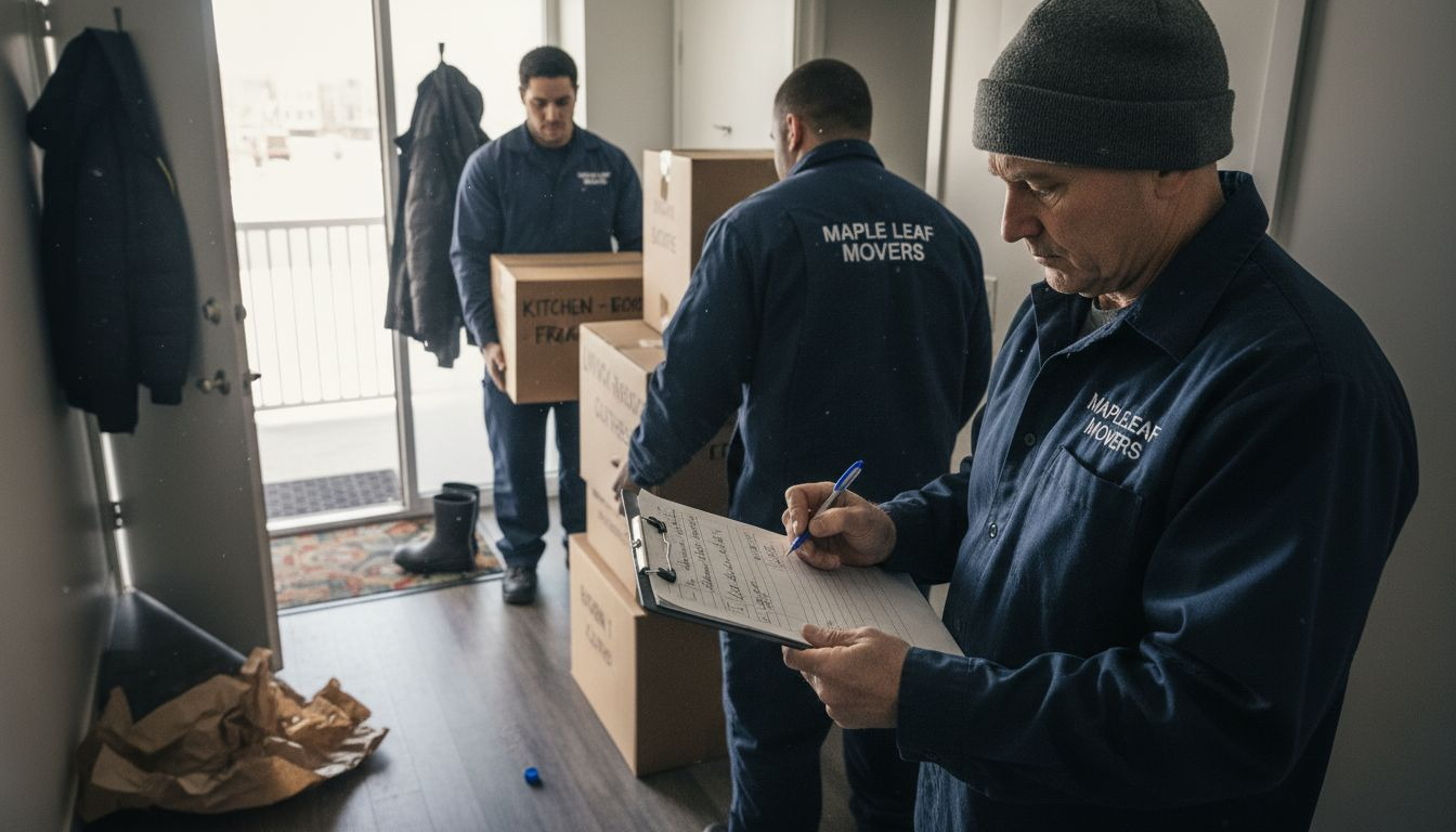Movers organizing labeled boxes in hallway