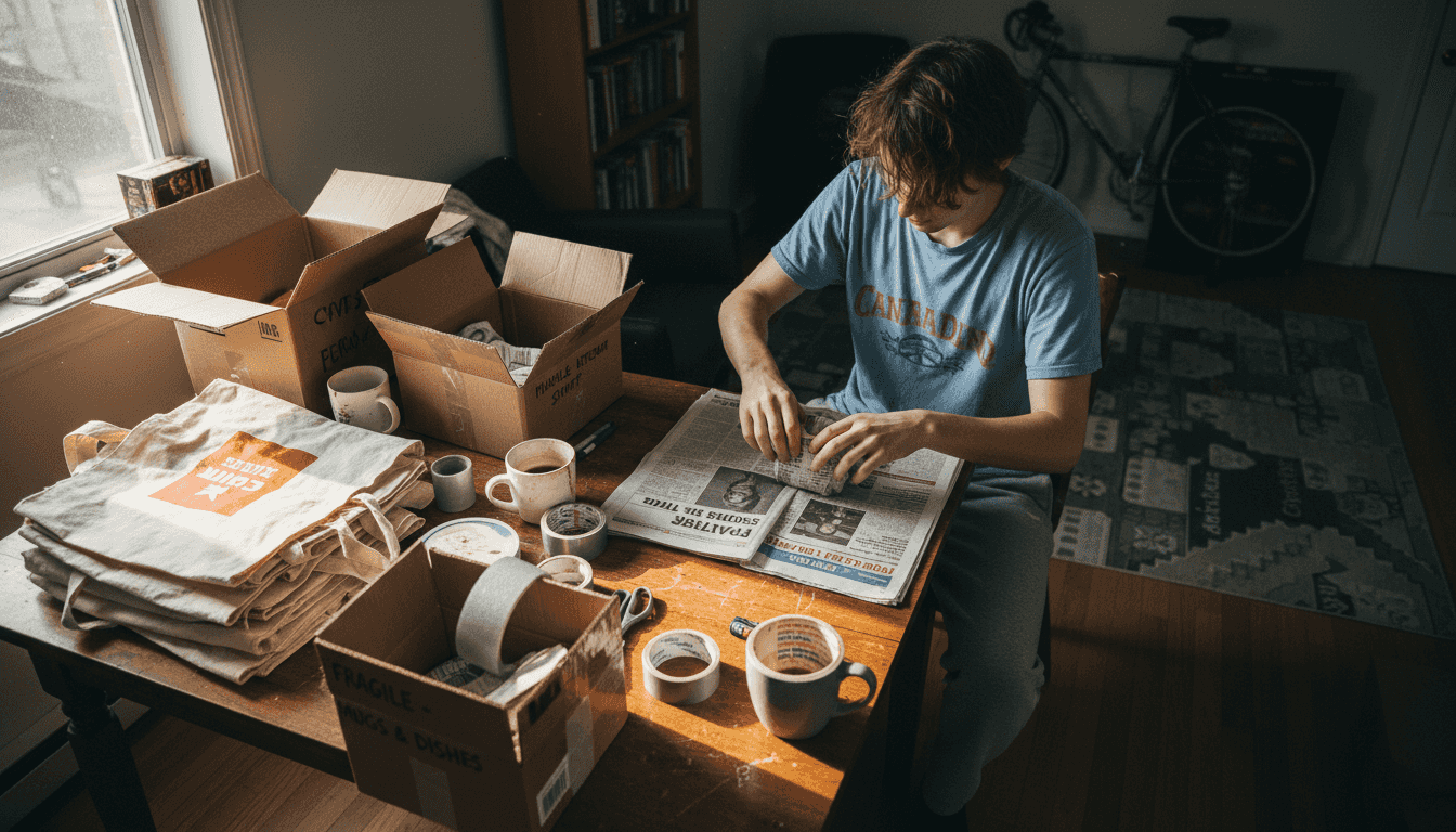 Packing mugs with supplies on kitchen table