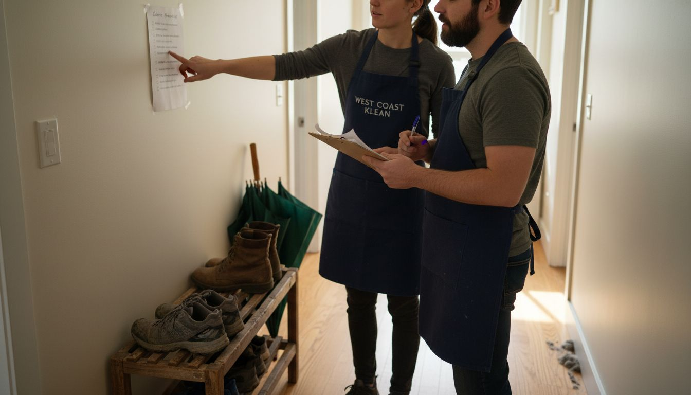 Cleaners reviewing checklist in hallway