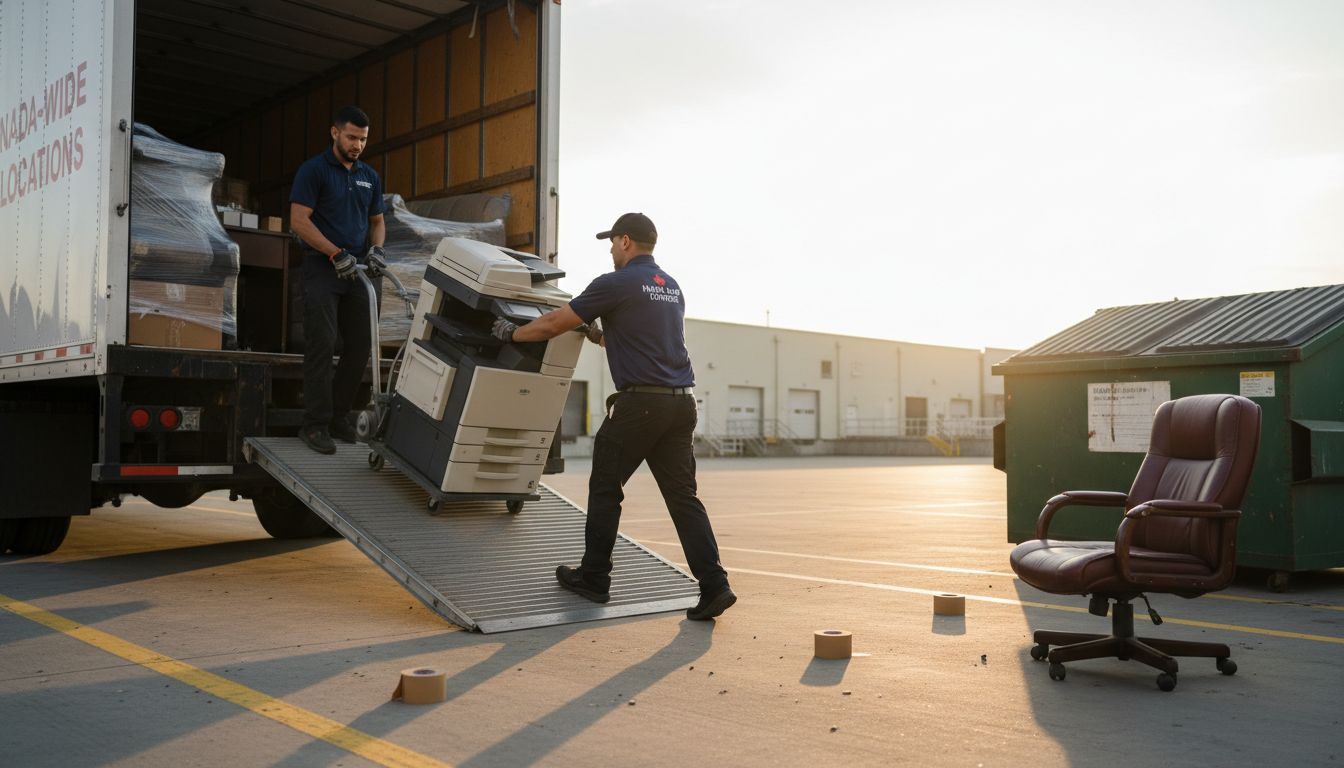 Movers loading equipment into truck at sunset