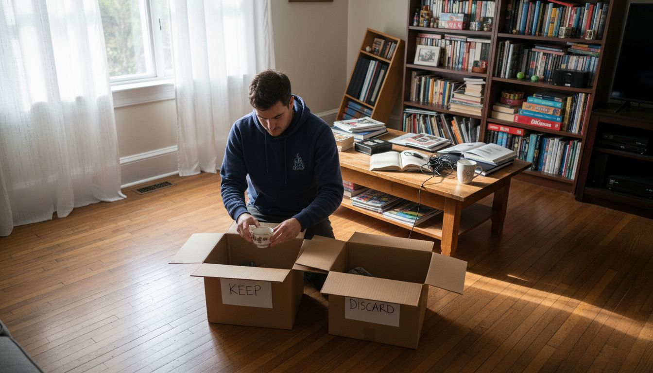 Man sorting home items into boxes