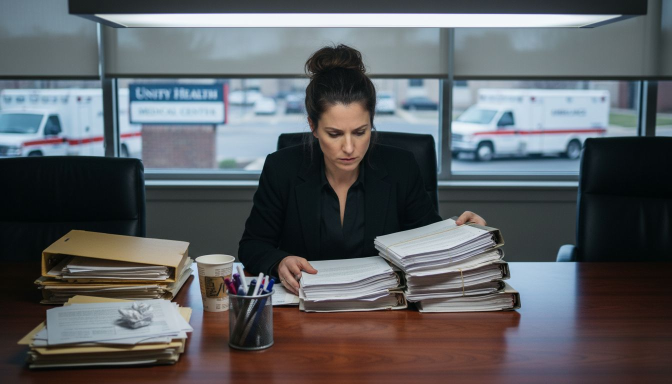 Attorney reviewing medical malpractice case records