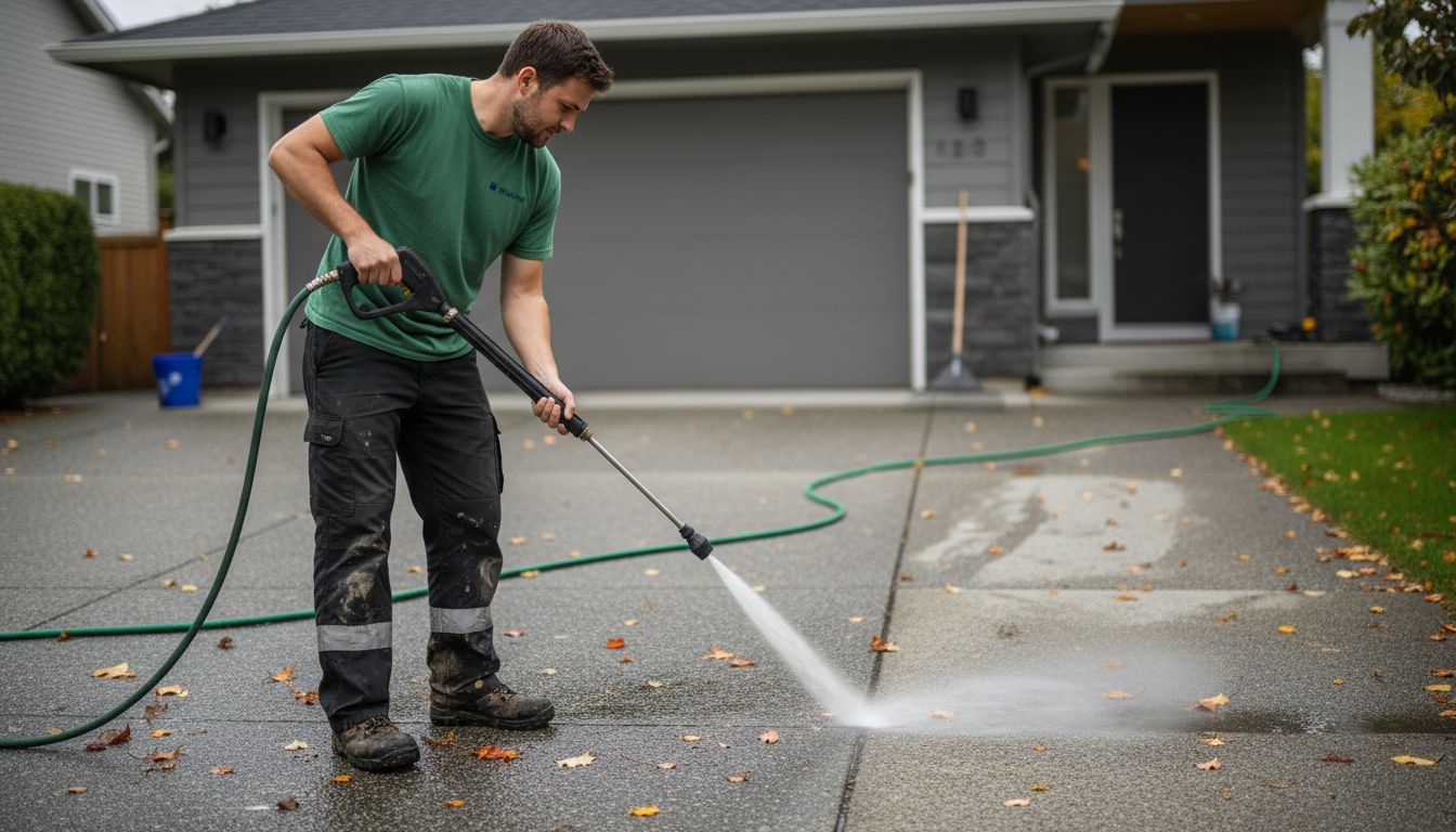 Worker pressure washing residential driveway outdoors
