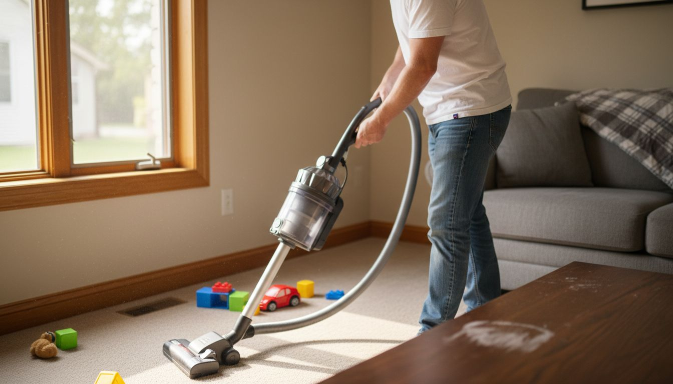 Man vacuuming carpet with HEPA vacuum