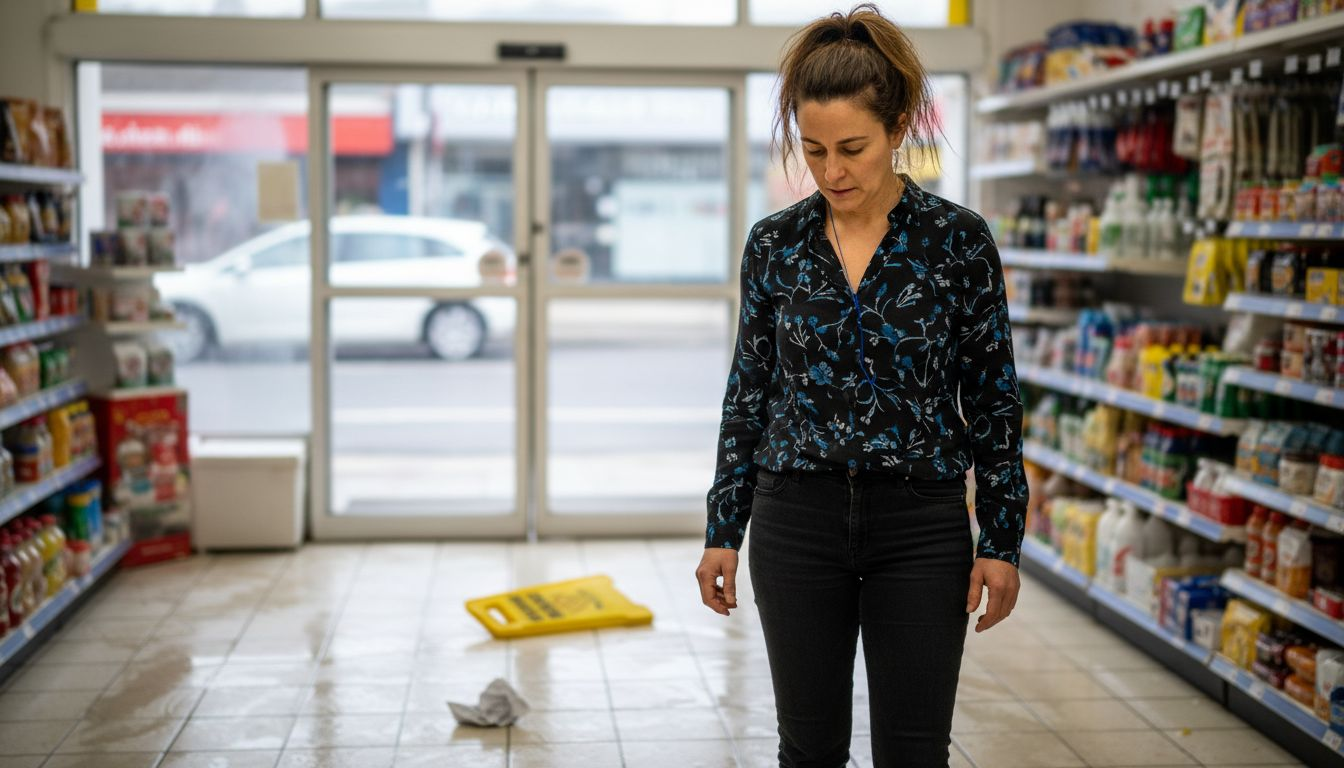 Store manager checks fallen wet floor sign