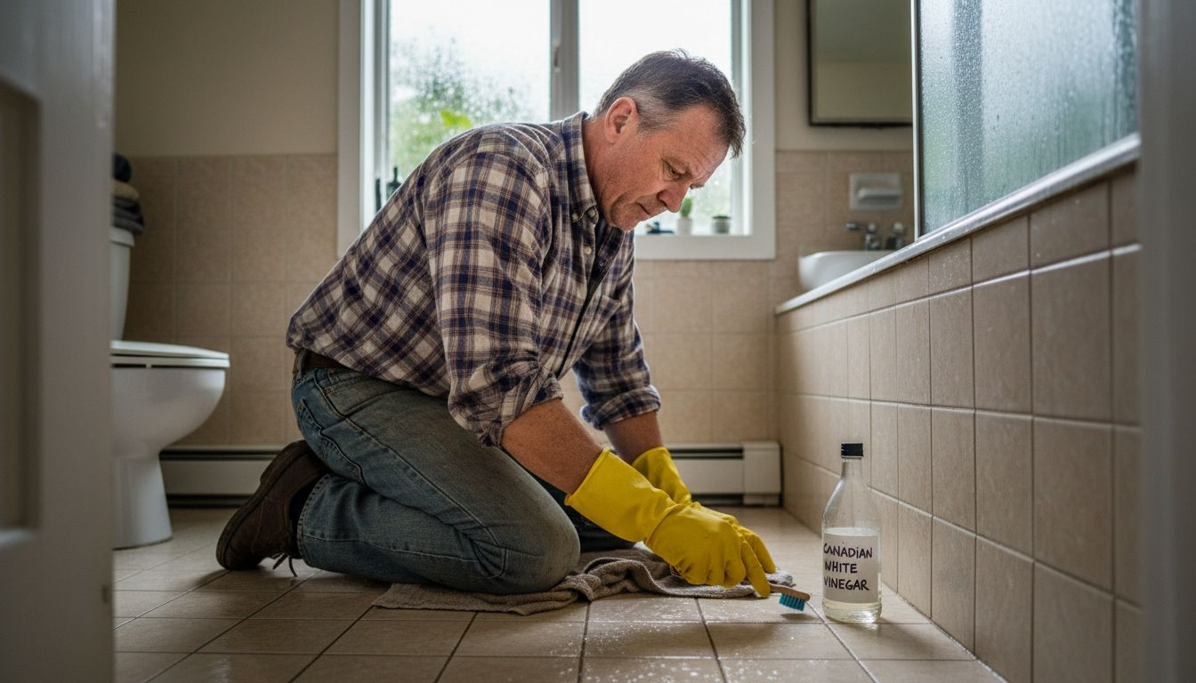 Man scrubbing shower grout in humid bathroom