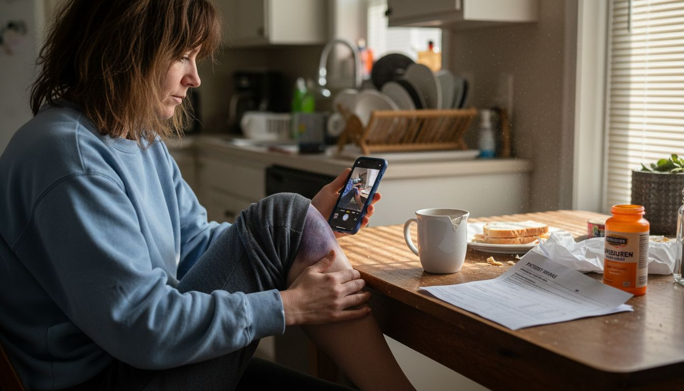 Woman documenting leg injury at kitchen table