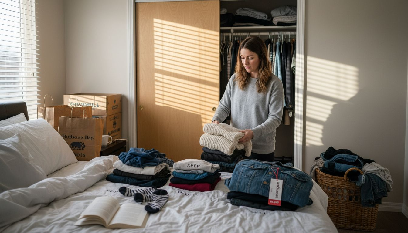 Woman decluttering bedroom closet for move