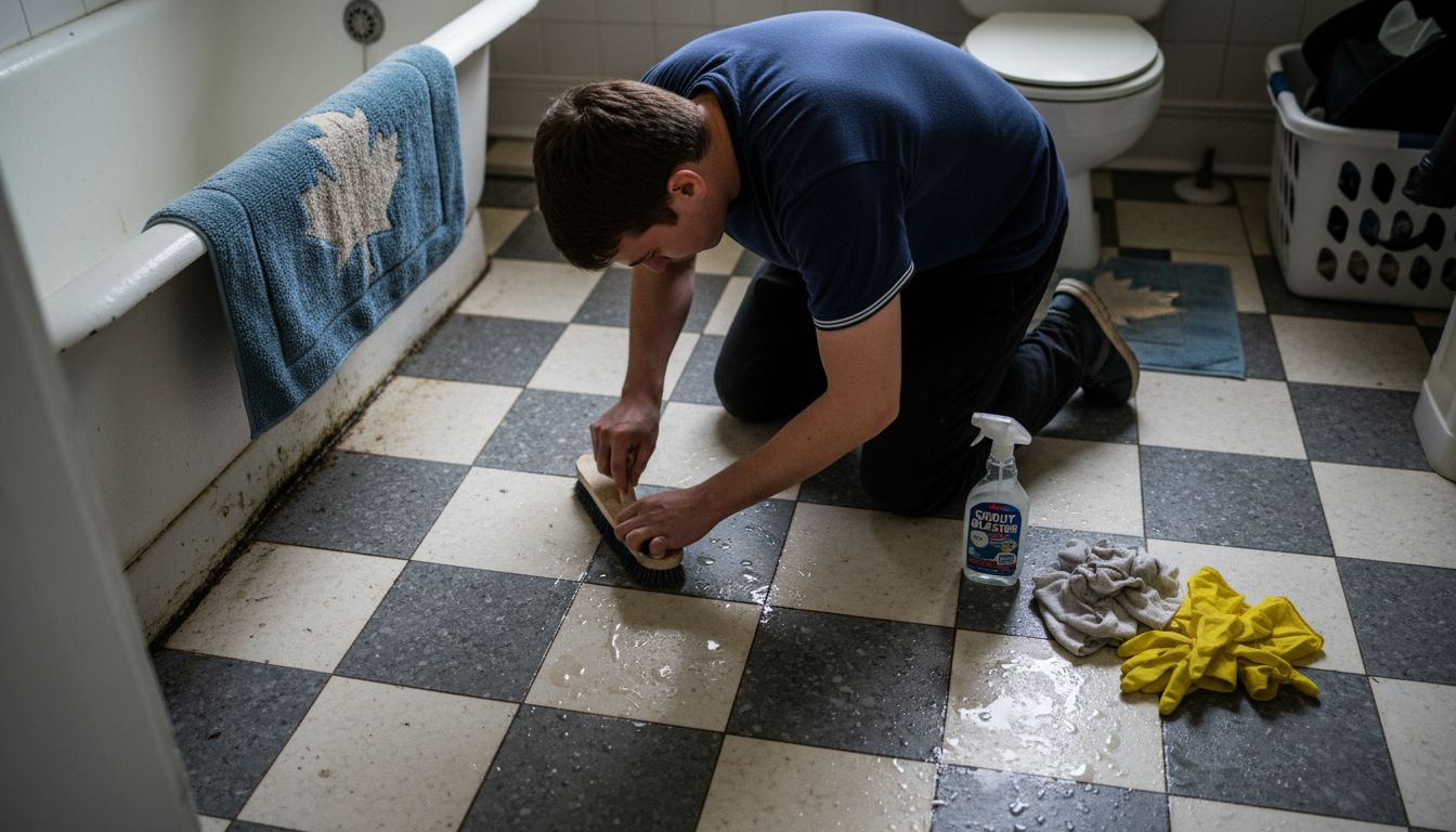 Man scrubbing bathroom grout lines deeply