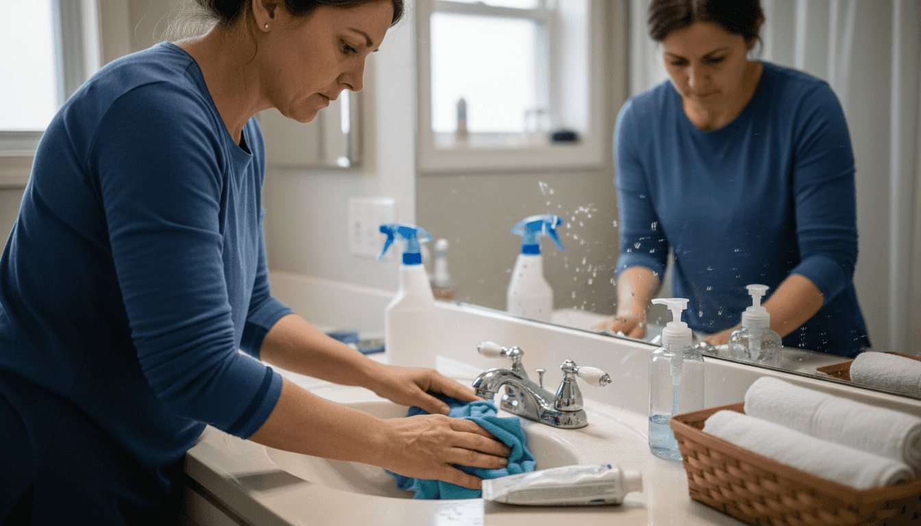 Person disinfecting used bathroom sink area