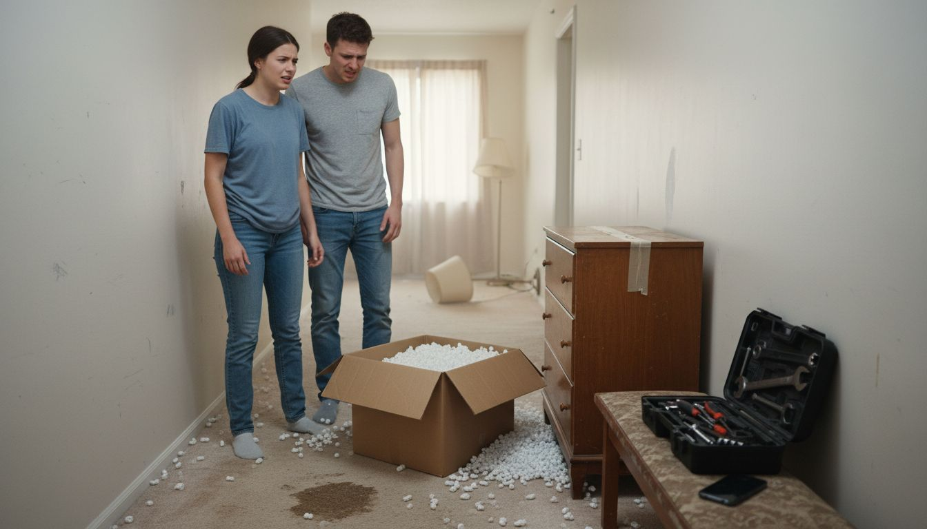 Couple with damaged furniture after diy move